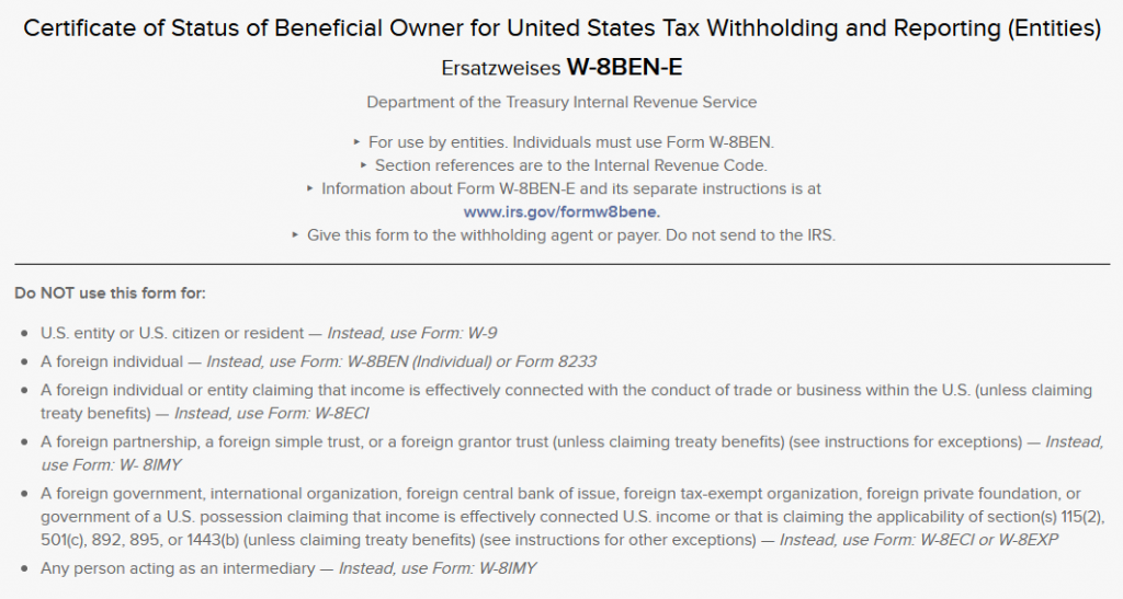 Anfang von Formular W-8BEN-E