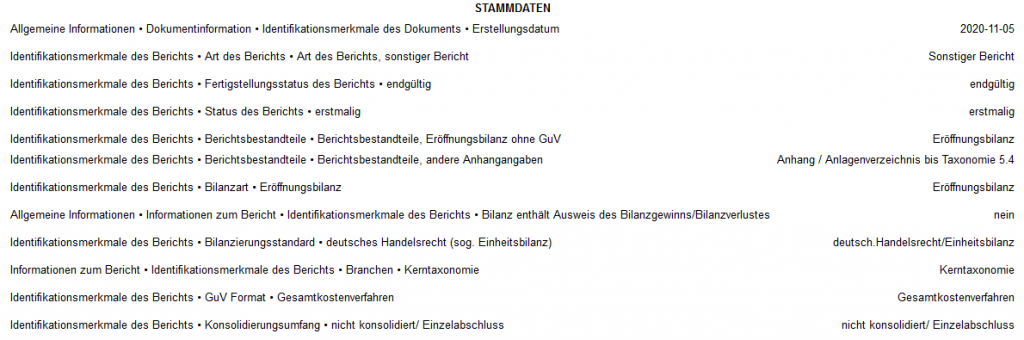 Stammdaten der erzeugten Bilanz